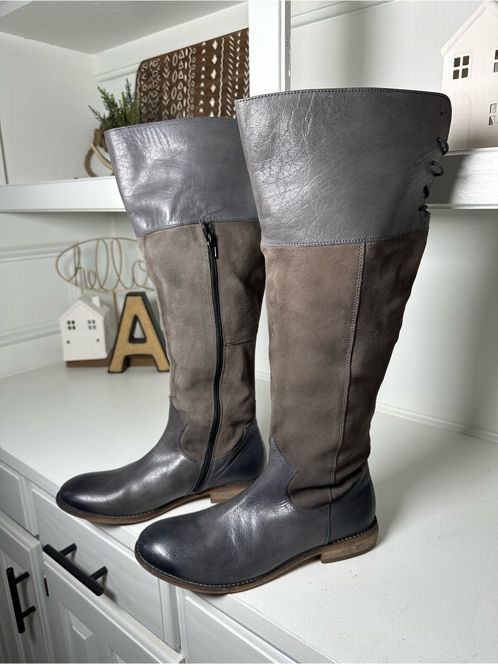 ROAN Tall Leather Boots Womens 8 Gray Knee High Riding Boho Artisan Lace Up